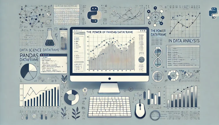 A data science-themed image showing a computer screen with a Pandas DataFrame in tabular form, code snippets, and data visualizations like bar and line charts, representing the power of Pandas in data analysis.