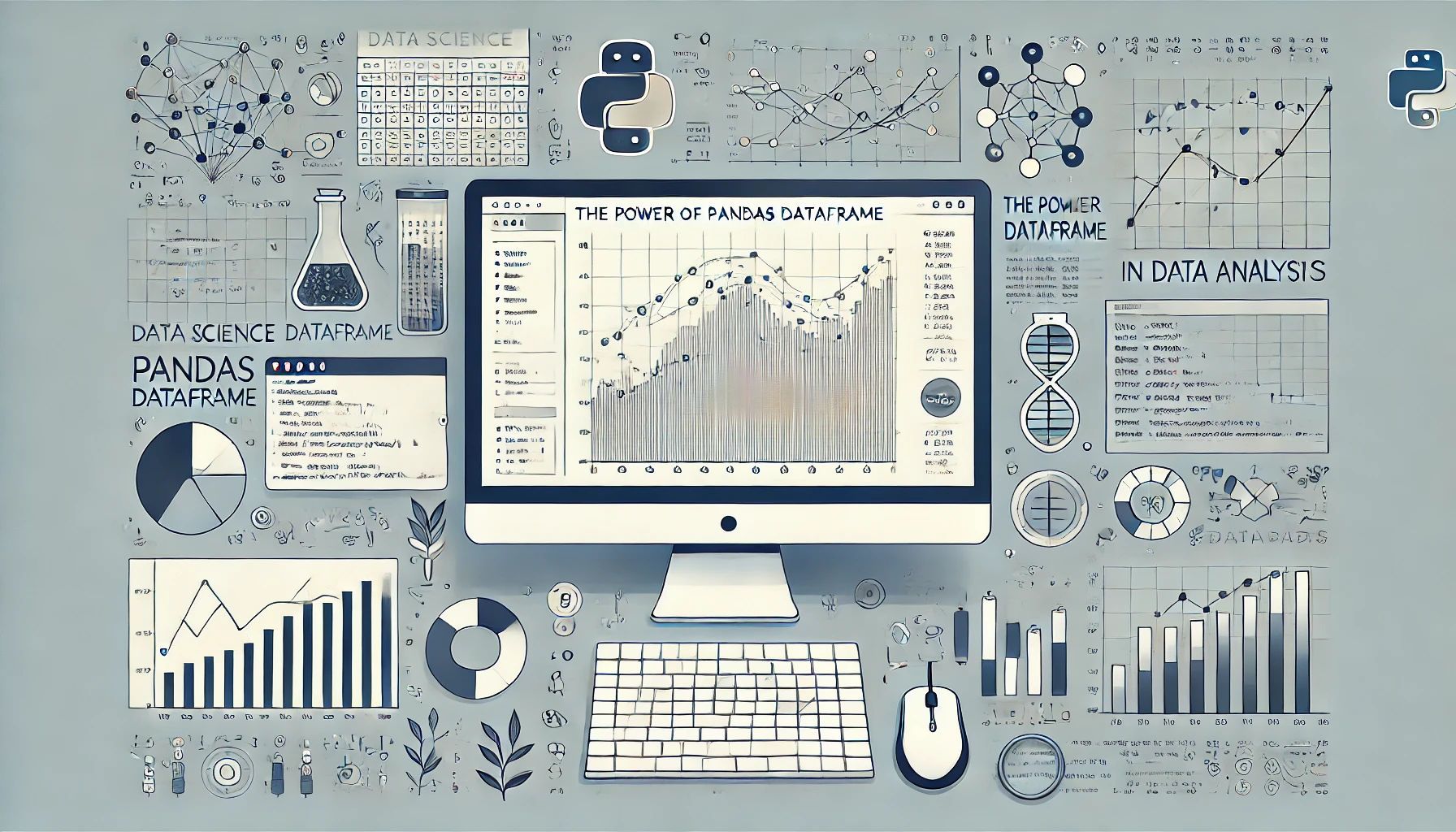 A data science-themed image showing a computer screen with a Pandas DataFrame in tabular form, code snippets, and data visualizations like bar and line charts, representing the power of Pandas in data analysis.